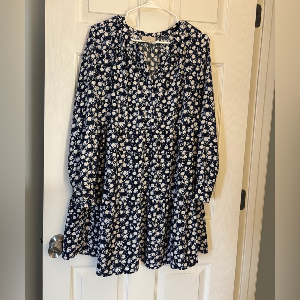 LOFT Navy & Black Floral Long-Sleeve Dress